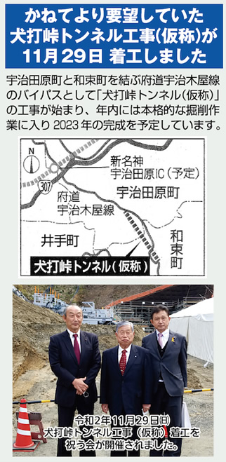 かねてより要望していた犬打峠トンネル工事(仮称)が11月29日 着工しました